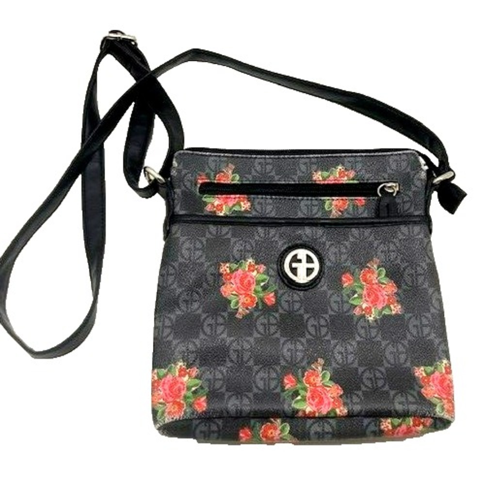 Giani Bernini Botanical Floral On Black Crossbody Women's HandBag Purse